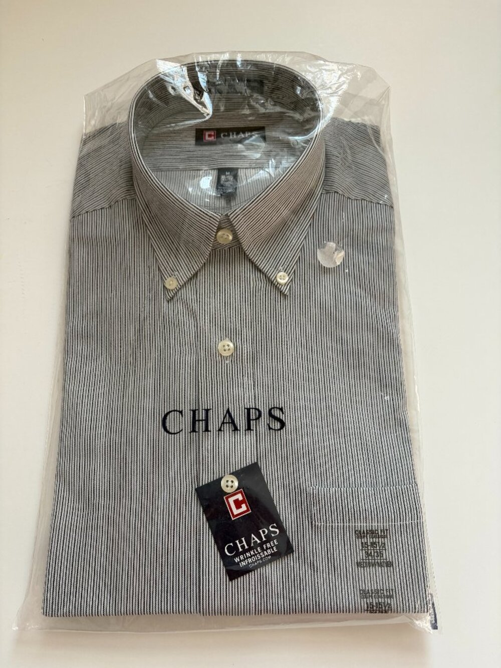 NWT Vintage Chaps Men's M 15-15.5 Black Stone Stripe Dress Shirt NEW Deadstock